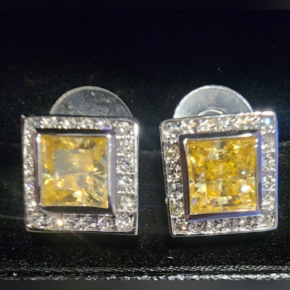 Elegant Park Lane Yellow Stone and Silver Square Earrings